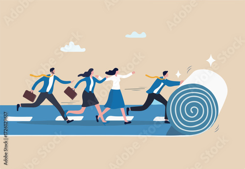 Leadership to lead team career path, business strategy development, effort or ambition to progress work success, motivation achievement, businessman rolling career path for team colleague to follow