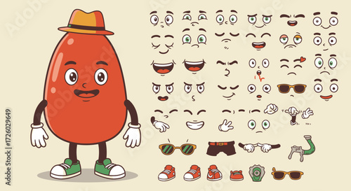 Create your own funny cartoon red bean character with various expressions
