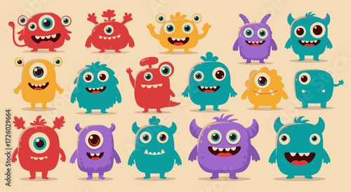 Cute cartoon monsters, colorful creatures, and friendly aliens for children, perfect for playful designs and decorations