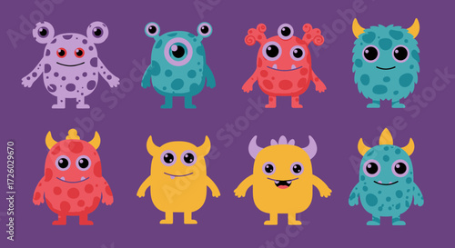 A colorful collection of cute and friendly cartoon monster characters. Set of funny little alien creature icons for kids, isolated vector illustration
