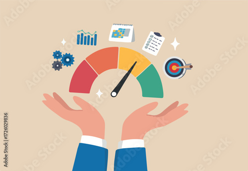 KPI key performance indicator, success benchmark or measuring goal achievement, metric or comparison standard, winning target dashboard concept, businessman hand with KPI performance gauge scale