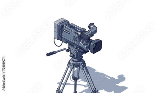 Professional Video Camera on Tripod, Detailed Illustration, Gray Tones, Studio Equipment.