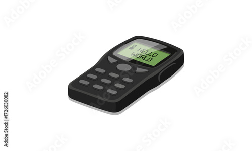 Retro black mobile phone illustration, classic design, green screen displaying HELLO WORLD text, physical buttons.