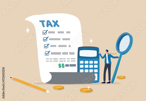 Tax planning, financial strategy for tax optimization, reduction or refund, income or revenue management, taxation or calculation concept, businessman with magnifying glass analyze tax plan document