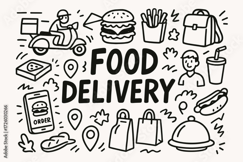 Food delivery outline icon set. fast food, restaurant, courier service illustrations.