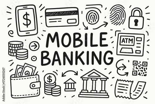 Icon set: mobile banking linear collection, atm and payment hand-drawn line icons