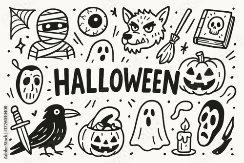 Halloween line icon set: spooky symbols for seasonal designs and decorations