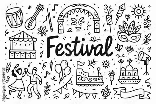 Festival celebration outline icon set. party, dance, music, cultural festival icons