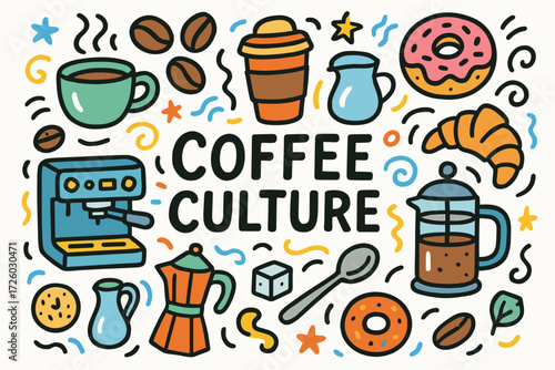 Coffee culture flat icon set. espresso, donuts, cups, mugs icons colorful collection