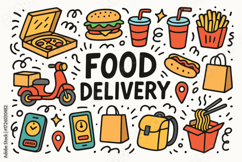 Food delivery flat icon set. online food order, restaurant delivery icons collection