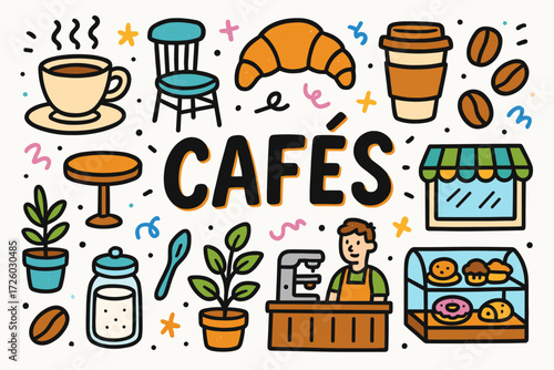 Cafe and coffee flat icon set. bakery, cafe elements, coffee shop essentials icons.