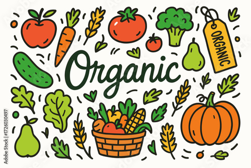 Organic food flat icon set. fresh vegetables, fruits, farming, eco-friendly icons