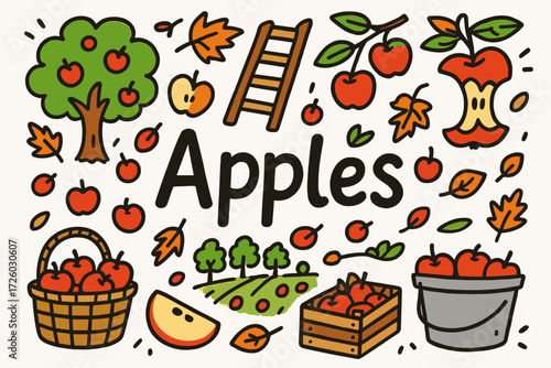 Apple, orchard flat icon set. harvest, fruit, autumn, tree icons flat collection