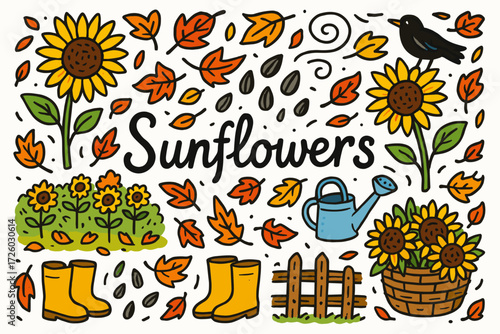 “gardening and harvest doodle icon set. sunflowers, leaves, and tools line art collection”