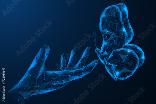 Touching an artificial virtual object. The hand is stretched out to a butterfly, whose wings form a human face. The concept of harmony of technology and the living world.
