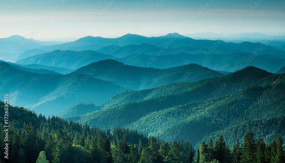 Obraz premium Tranquil Teal Mountain Range With Evergreen Forest Views