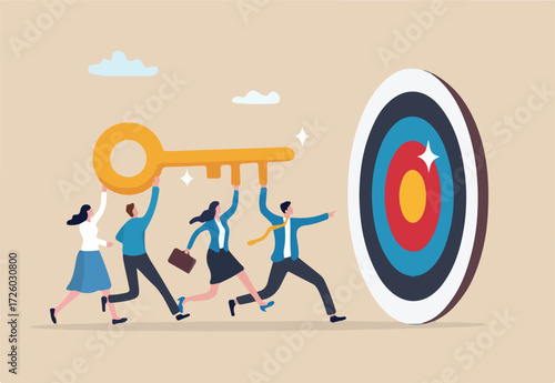 Key to success, team working together as teamwork to achieve goal or target, unlock career opportunity, solution or winning business planning concept, business people carry golden key to success