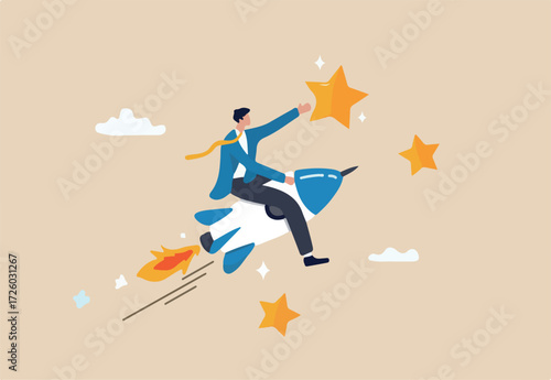 Success achievement, boost growth development to reach target, leadership to win business challenge, startup, entrepreneur or ambition to win, businessman riding fast rocket to reach success star