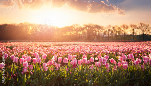 Happy August 17Th Soft Focus Pink Tulip Field With Warm Sunlight