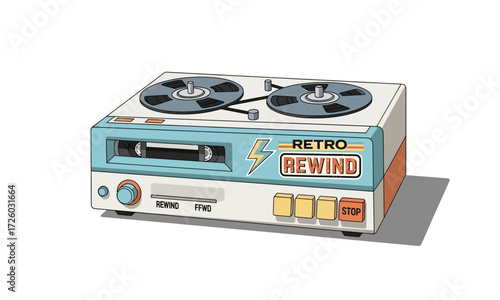 Stylized Retro Reel-to-Reel Tape Recorder with RETRO REWIND Text, Vintage Audio Player Illustration.