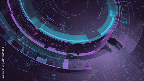 Futuristic circular interface with glowing neon blue and purple lights.