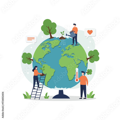 People Caring for the Earth Planting Trees and Monitoring Global Warming Promoting Sustainability and Environmental Awareness for a Healthier Planet Illustrated in a Vector Graphic