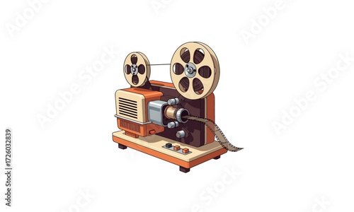 Vintage Film Projector - Orange Body, Reels, and Film Strip Detail.