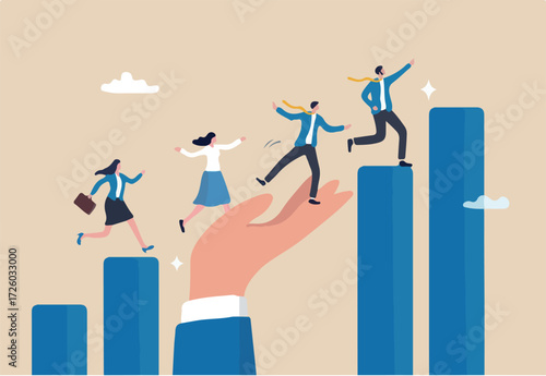 Growth assistance, support or help to success, growing business, career path or leadership helping employee achievement, manager support concept, businessman hand help people climb growth graph