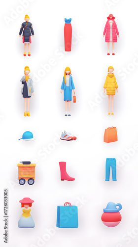Assortment of colorful miniature fashion dolls and travel accessories.