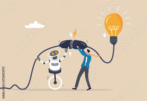 AI Artificial Intelligence support to business success, innovation or technology to get new idea, robot or automation for business concept, businessman plug in lightbulb with robot to work together