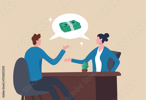 Salary negotiation, money compensation or job wage income, career performance reward, benefit or pay rate, employment incentive, job offer, business people manager negotiate salary with new employee