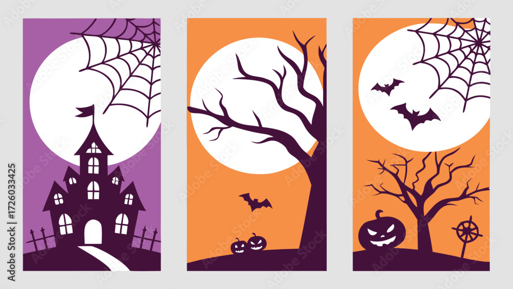 Fototapeta premium Halloween Trick or Treat Party Poster Design Set with Pumpkins, Ghosts, Bats, Spiders, Webs, Cutout Style