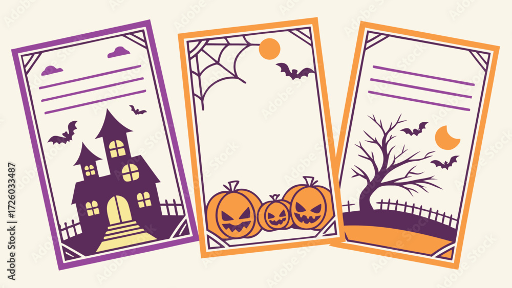 Fototapeta premium Halloween Trick or Treat Party Poster Design Set with Pumpkins, Ghosts, Bats, Spiders, Webs, Cutout Style