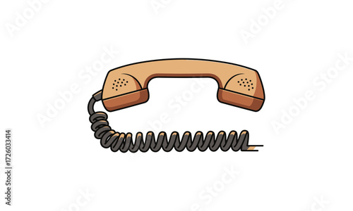 Vintage tan telephone handset with speaker and microphone grilles, black coiled cord.