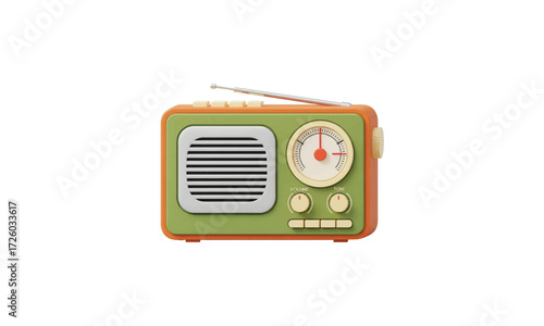 Vintage-style portable radio with orange-brown and olive-green casing, silver speaker grille, classic tuning dial, and antenna.