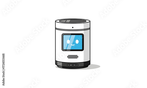 White Cylindrical Smart Device with Friendly Blue Screen Face.