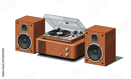 Vintage wood-grain stereo system with open turntable, amplifier, and two classic speakers.