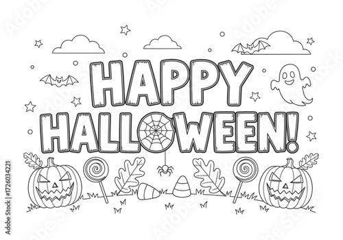 Fun Halloween coloring book page for kids featuring pumpkins, a ghost, and candy. A festive holiday activity sheet for drawing and creativity