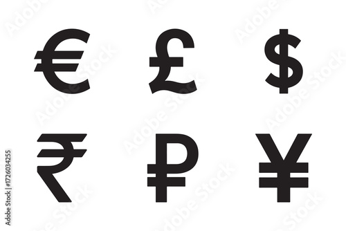 Minimal vector set of major world currency symbols: Euro, Pound Sterling, Dollar, Rupee, Ruble, and Yen