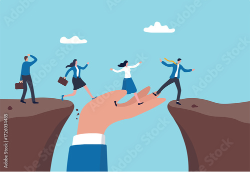 Support of help to solve problem, manager mentorship or coaching to help team success, leadership to guide employee to achieve goal concept, giant hand help business people cross the problem gap
