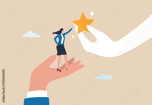 Empowerment or encouragement to help employee reach career success, woman leadership, support or help for work achievement, reward or job promotion concept, helping hand help businesswoman reach star
