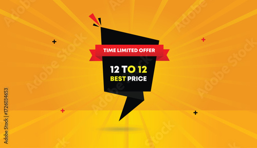 12 to 12 best price time limited offer editable web banner vector art illustration template design black red gradient shapes orange yellow abstract background sun shine creative modern style graphic