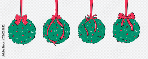 Christmas mistletoe balls with red berries and ribbons, decorative holiday greenery for winter design, cards and festive projects
