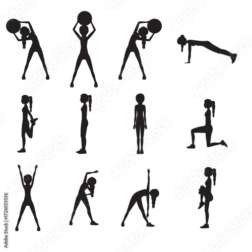 Set of different exercises of a female figure in silhouette on a white background