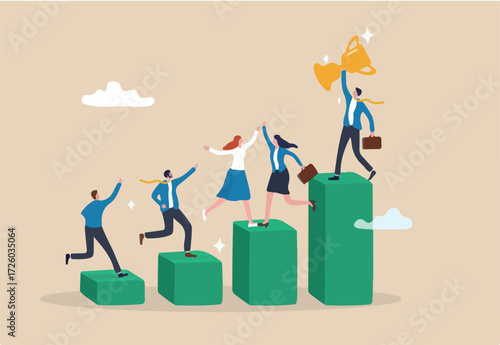 Team growth, growing business success, employee engagement, career progress, achievement or challenge, corporate ladder, motivation to win together concept, business people climb up growth graph.