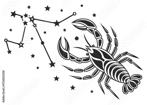 Illustration of a cancer zodiac sign with constellation and stars in black and white detailed design created with generated ai