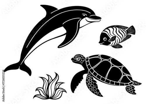 Black and white vector illustration of a dolphin, fish, turtle, and seaweed in a marine scene created with generated ai