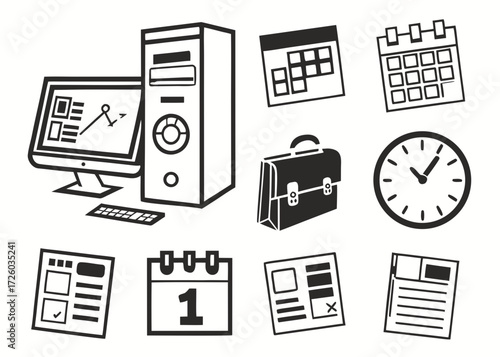 Illustration of a computer with a monitor, calendars, clock, briefcase, and documents icons set up created with generated ai