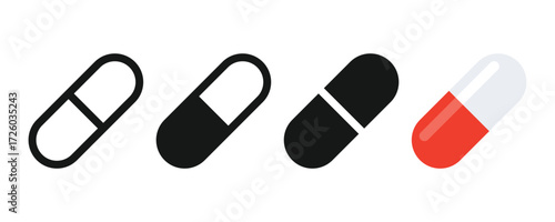 Pill icon vector. Pharmaceutical medical pill, capsules icon on white background. Medicine, health concept. Pill symbol. Vector illustration.