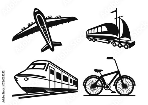 An illustration showing four modes of transportation including a plane, train, bicycle and boat train created with generated ai
